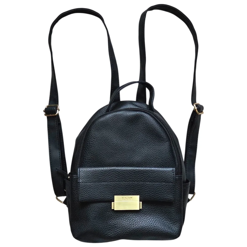 Kenneth Cole Reaction Mini Backpack Black Pebbled Faux Leather Gold Hardware